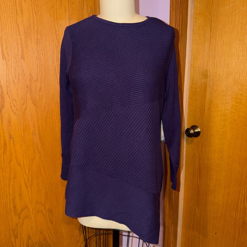Chico's Tunic Sweater Women 1 M Purple Asym Hem Ribbed Pullover Midnight Violet